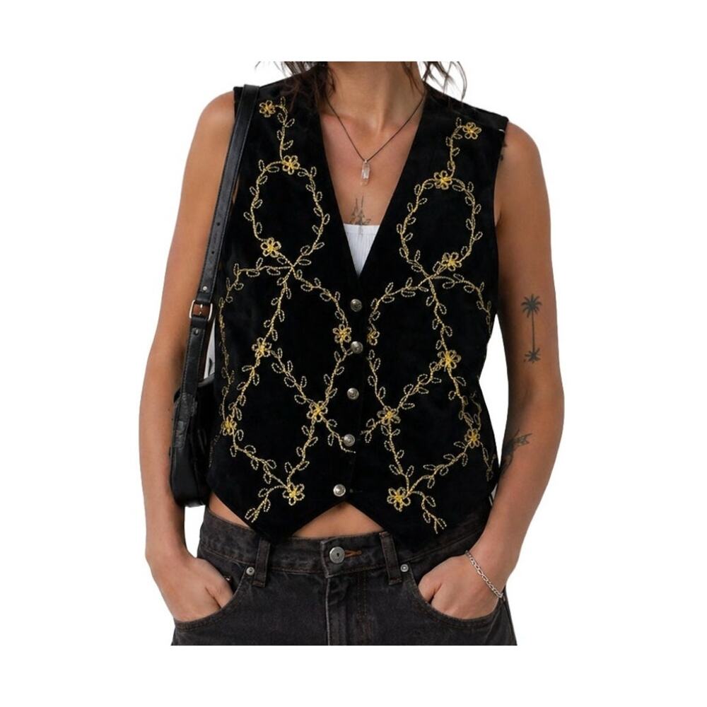 Vintage Y2K Agapo Embroidered Leather Vest Suede Folk Boho Medium